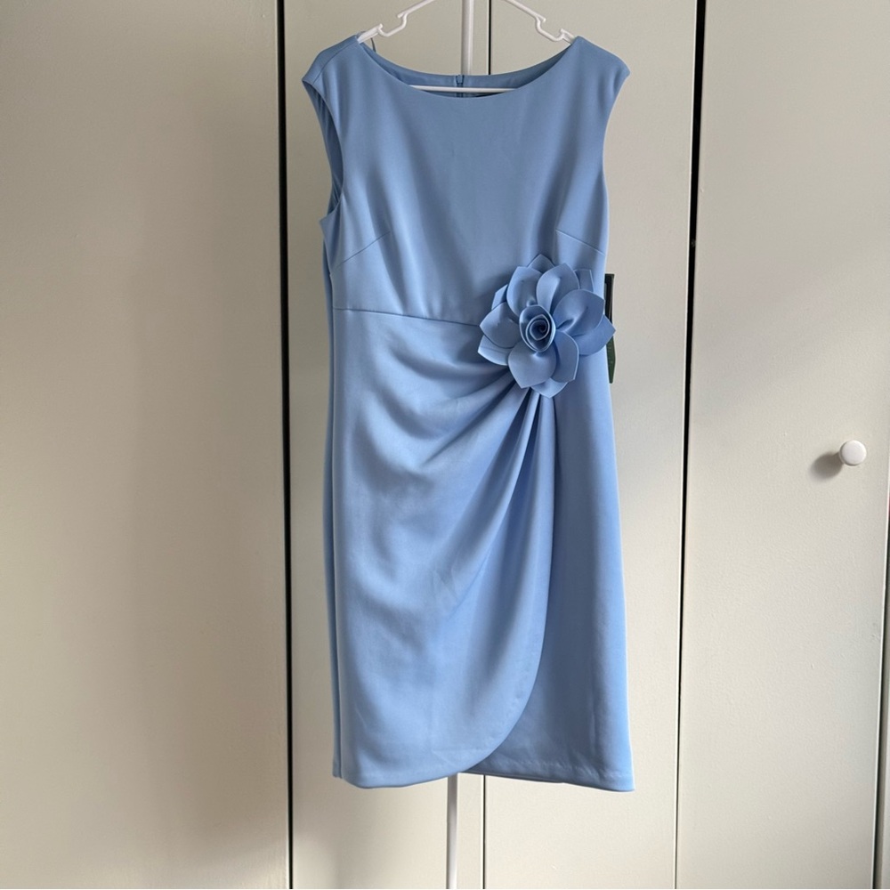 JH Evenings Chic Blue Midi Dress with Floral Detail
